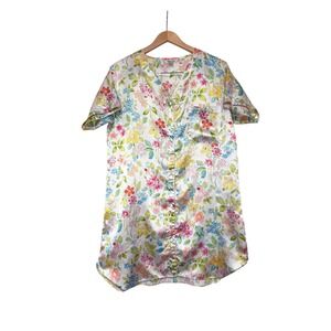 Vanity Fair Vintage Satin Floral Nightgown Short Sleeve Button‎ Front Small